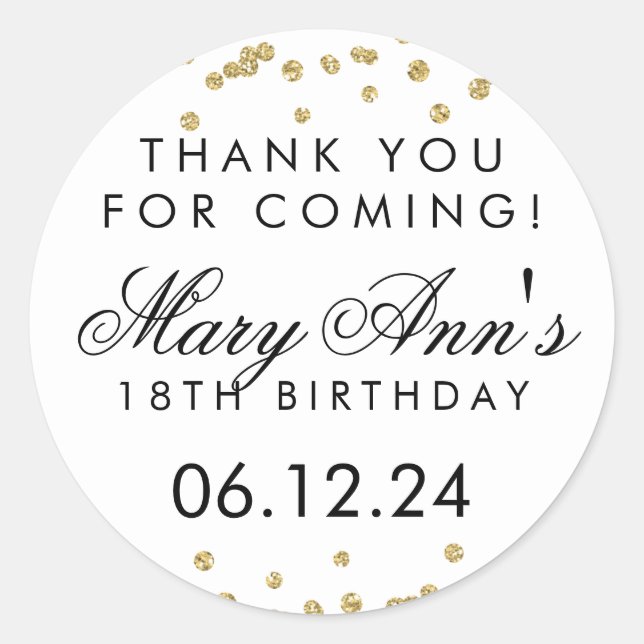 Thank You Birthday Gold Glitter Confetti White Classic Round Sticker (Front)