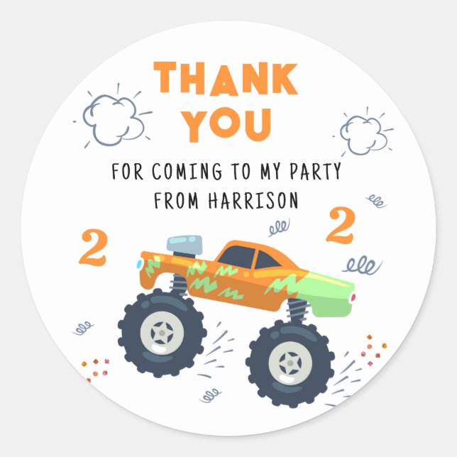 Thank You Birthday Modern Monster Car Trucks Name  Classic Round Sticker (Front)