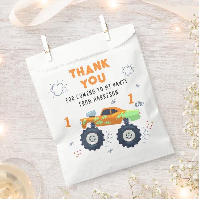 Thank You Birthday Modern Monster Car Trucks Name  Favour Bag (Clipped)