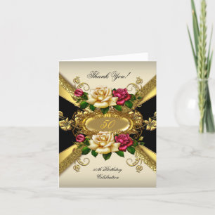 Thank You Birthday Party Roses Red Cream Gold 2 Card
