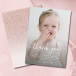 Thank You birthday photo rose gold glitter ombre<br><div class="desc">Elegant personalized blush pink kids girly birthday party thank you card with custom photo with black overlay.
You can easily change text colour,  font,  size and position by clicking the "CUSTOMIZE IT" button.</div>