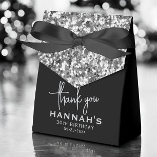 Thank You Birthday Silver Glitter Monogram Script Favor Box