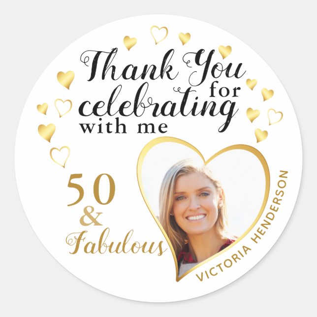 Thank You Birthday White Gold 50 and Fabulous Classic Round Sticker (Front)