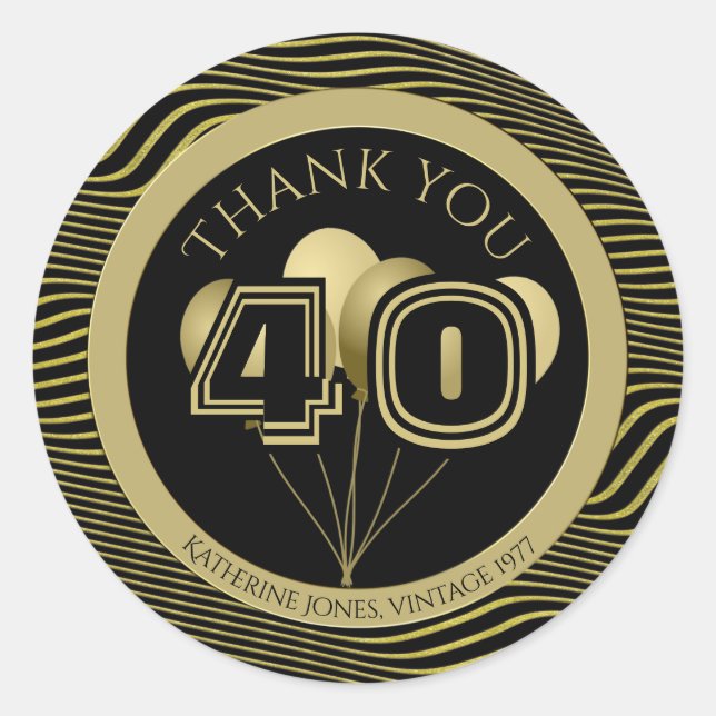 Thank You: Black and Gold Any Birthday Party Classic Round Sticker (Front)