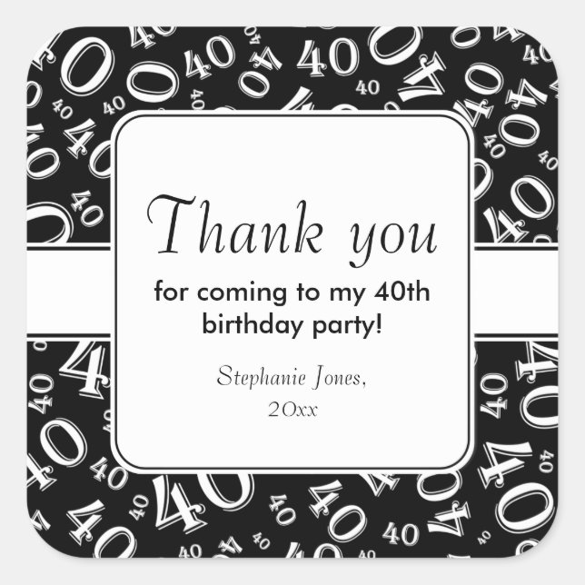 Thank You: Black and White 40th Number Pattern Square Sticker (Front)