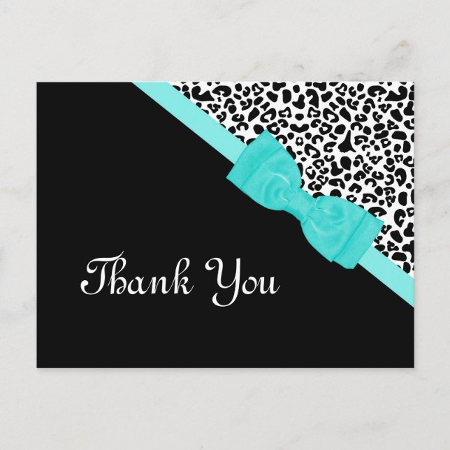 Thank You Black and White Leopard Aqua Ribbon Postcard (Front)