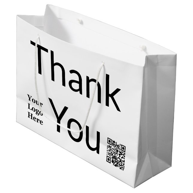 Thank You Black and White QR Code Your Logo Here Large Gift Bag (Front Angled)