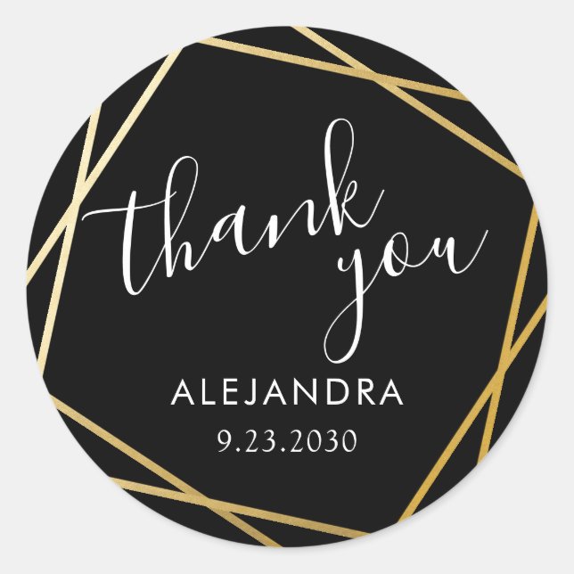 Thank You Black Gold Geometric Modern Favour Classic Round Sticker (Front)