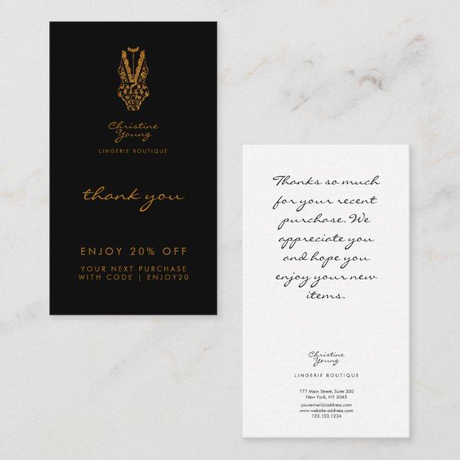 Thank You Black Gold Glitter Lingerie Boutique Discount Card (Front/Back)