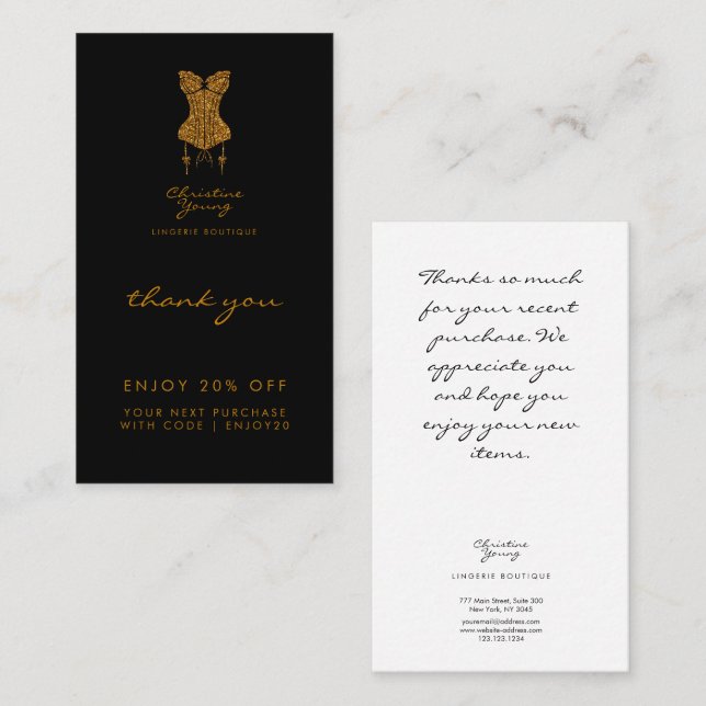 Thank You Black Gold Glitter Lingerie Boutique Discount Card (Front/Back)