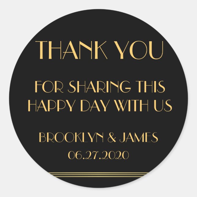 Thank You Black Gold Great Gatsby Wedding Stickers (Front)