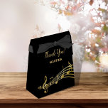 Thank You black gold music notes name birthday Favor Box<br><div class="desc">An elegant black background and decorated with faux gold music notes on front and back.   Golden hand lettered style script and the text: Thank You.  Template for a name.</div>
