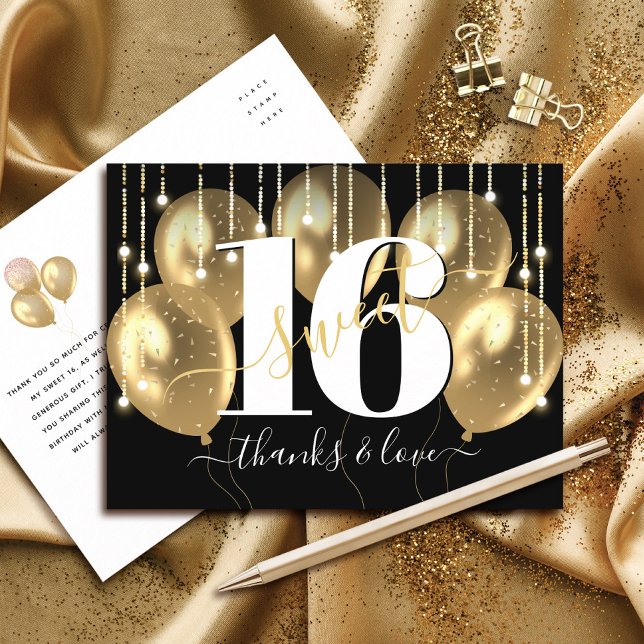 Thank You Black Gold Sweet 16 Birthday Balloons Postcard (Creator Uploaded)