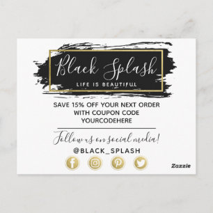 Thank You Black Paint Stroke & Modern Gold Geo Postcard