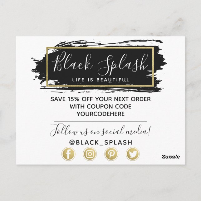 Thank You Black Paint Stroke & Modern Gold Geo Postcard (Back)