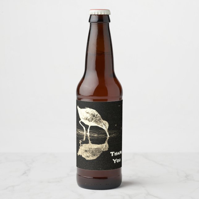 Thank You Black White Beach Bird with Reflection  Beer Bottle Label (Front)