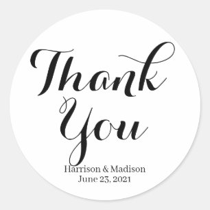 Thank you black white calligraphy names date chic classic round sticker