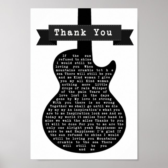 Thank You Black & White Guitar Song Lyric Print (Front)