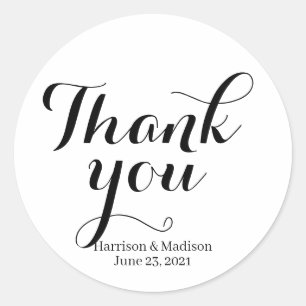 Thank you black white stylish calligraphy wedding classic round sticker