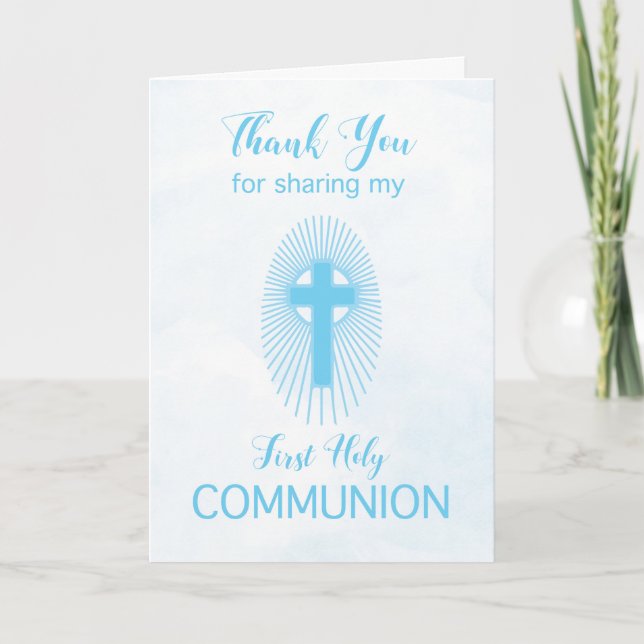 Thank You Blue Communion Cross Rays Card (Front)