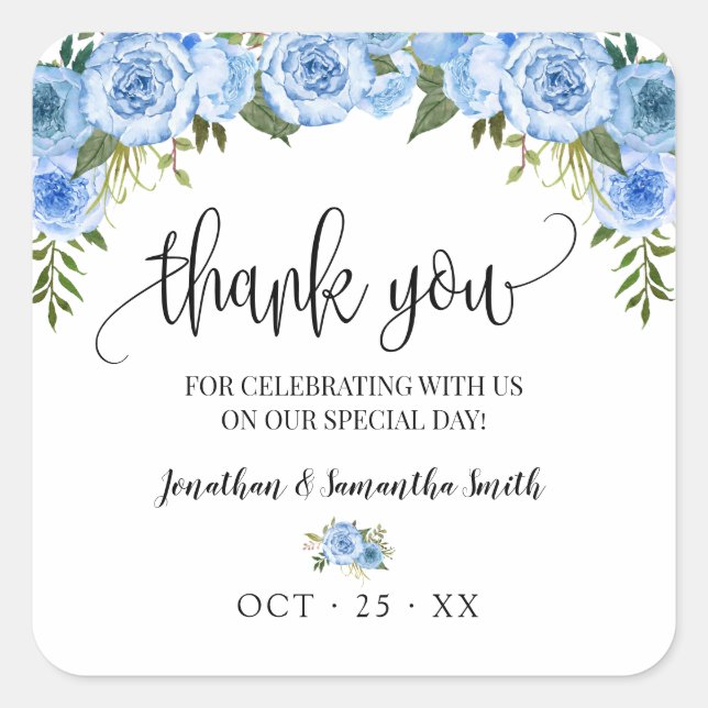 Thank you Blue floral boho chic wedding Square Sticker (Front)