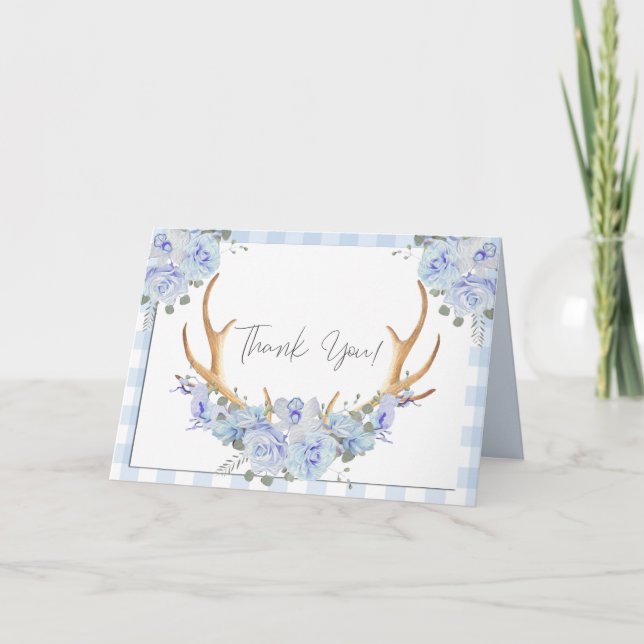 Thank You | Blue Gingham BOHO Floral Antlers (Front)