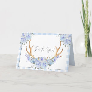 Thank You   Blue Gingham BOHO Floral Antlers Card