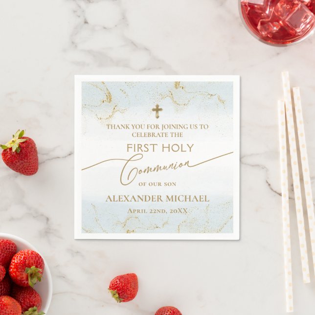 Thank You Blue Gold Cross Boy First Holy Communion Napkin (Insitu)