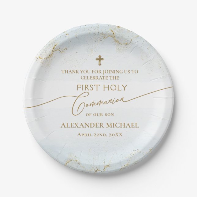 Thank You Blue Gold Cross Boy First Holy Communion Paper Plate (Front)