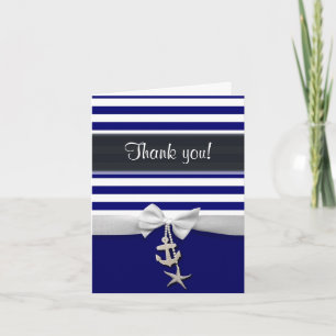 Thank You Blue Nautical stripe & faux white ribbon Card