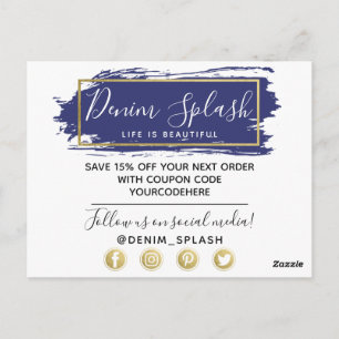 Thank You Blue Paint Stroke & Modern Gold Geo Postcard