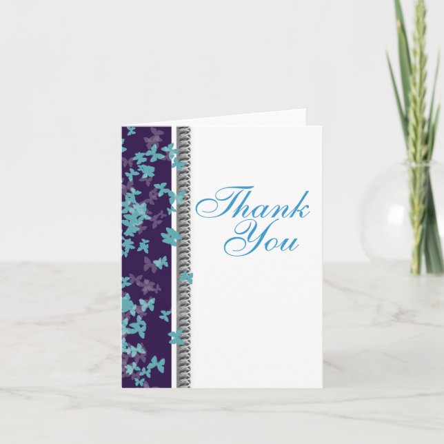 Thank you blue purple white butterfly elegant card (Front)