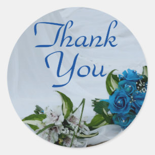 Thank You/Blue Roses on Wedding Gown Classic Round Sticker