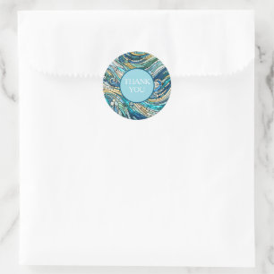 Thank You Blue Sea of Waves Teal Mosaic Fine Art Classic Round Sticker