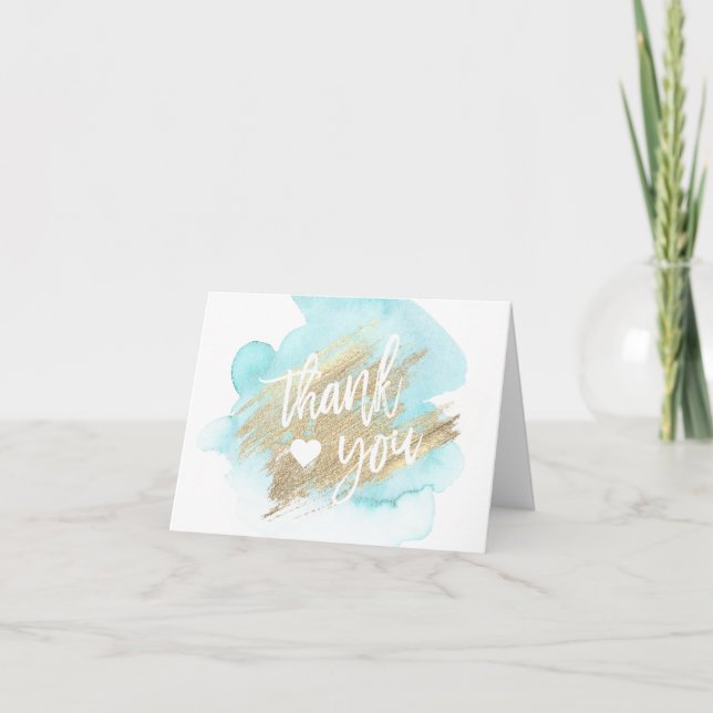 THANK YOU Blue Turquoise Gold Heart Watercolor (Front)