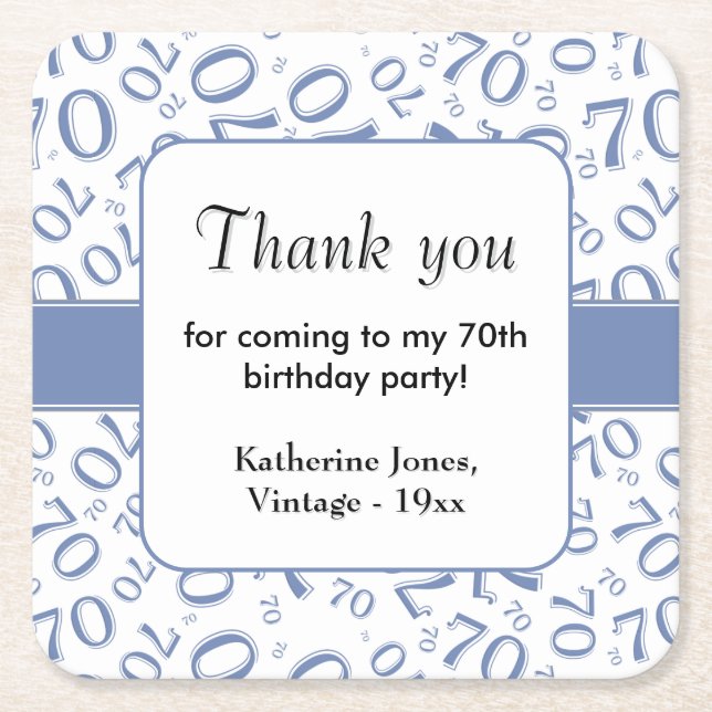 Thank You: Blue/White 70th Random Number Pattern Square Paper Coaster (Front)