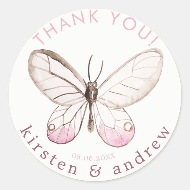 Thank You!  Blush Butterfly Wedding Favour Classic Round Sticker (Front)