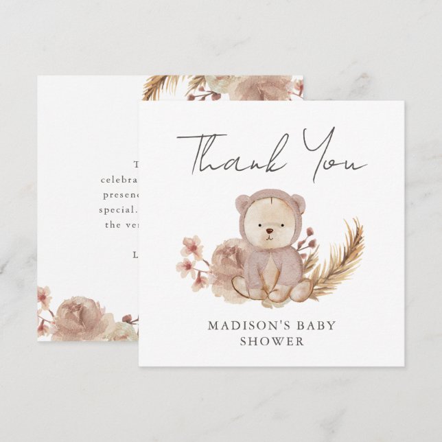 Thank You Boho Botanical Sweet Bear Baby Shower Card (Front/Back)