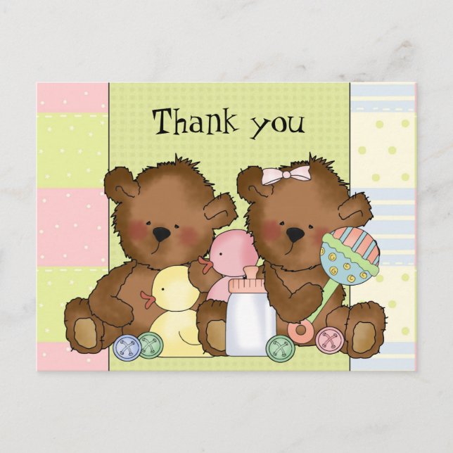 Thank you boy girl twin bears postcard (Front)