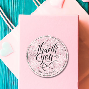 Thank you branding Script blush rose gold glitter  Classic Round Sticker