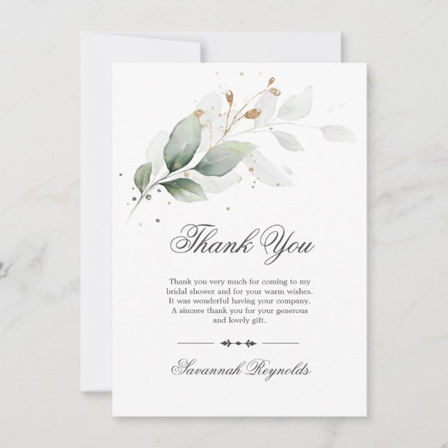 THANK YOU Bridal Shower Greenery Botanical Gold Card (Front)