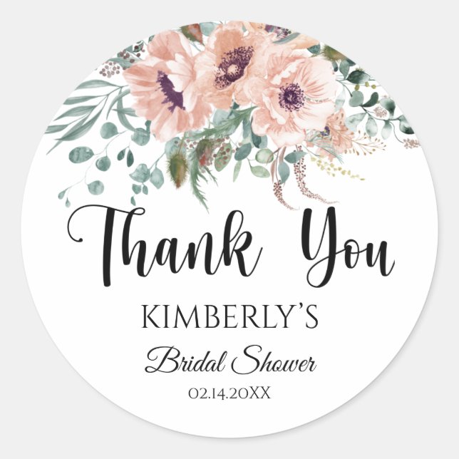 Thank You Bridal Shower Pink Flowers Sticker (Front)