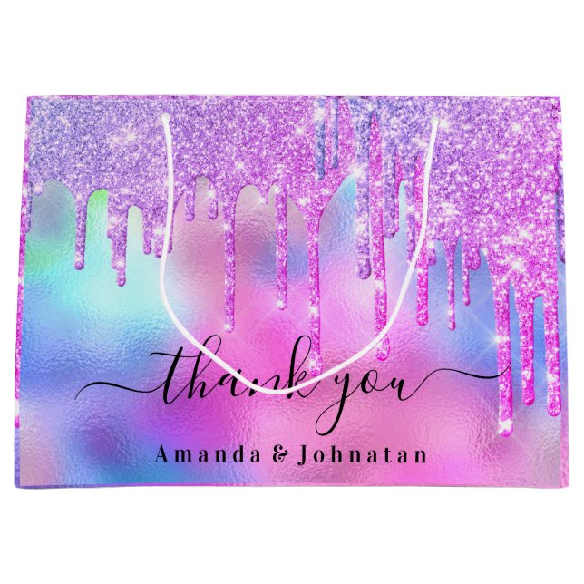 Thank You Bridal Sweet16th Glitter Holograph Drips Large Gift Bag (Front)