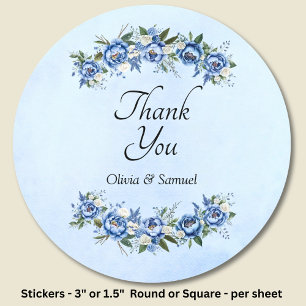 Thank You & Bride & Groom Names Blue Peony Classic Round Sticker