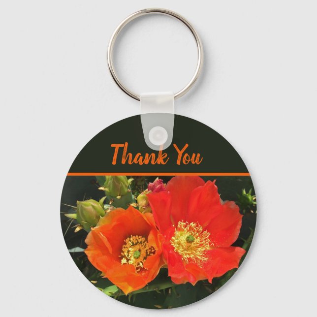 Thank You Bright Red Cactus Bloom Photo Flower Keychain (Front)
