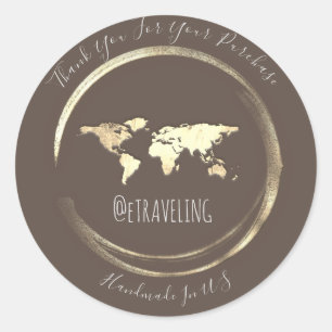 Thank You Brown Gold World Map Traveling Globe Classic Round Sticker