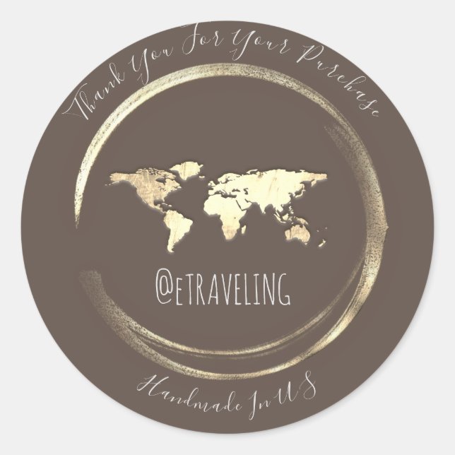 Thank You Brown Gold World Map Traveling Globe Classic Round Sticker (Front)