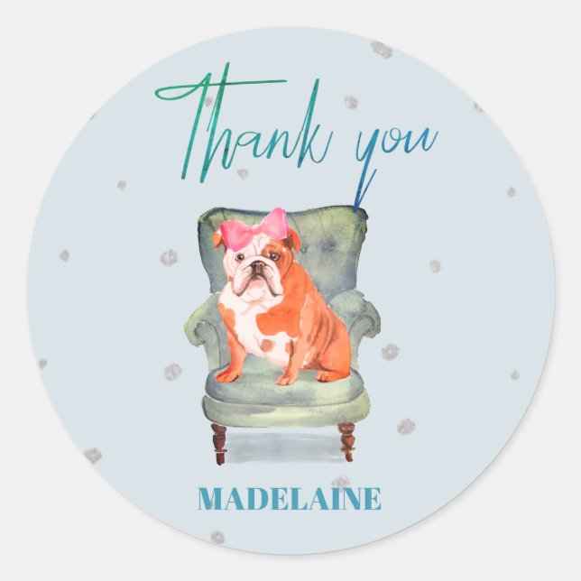 Thank You Bull Dog Blue Silver Classic Round Sticker (Front)