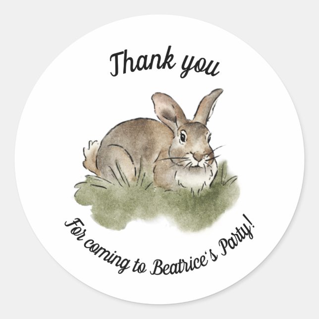 Thank you bunny rabbit birthday party favour classic round sticker (Front)