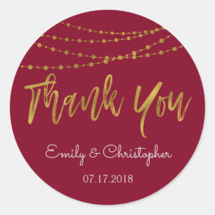 Thank You Burgundy and Gold Foil String Lights Classic Round Sticker